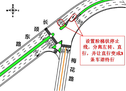  图2 优化前长颈-梅花路东进口渠化设计