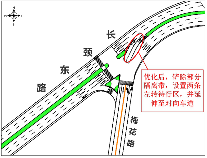 图4 优化后长颈-梅花路东进口设置左转待行区