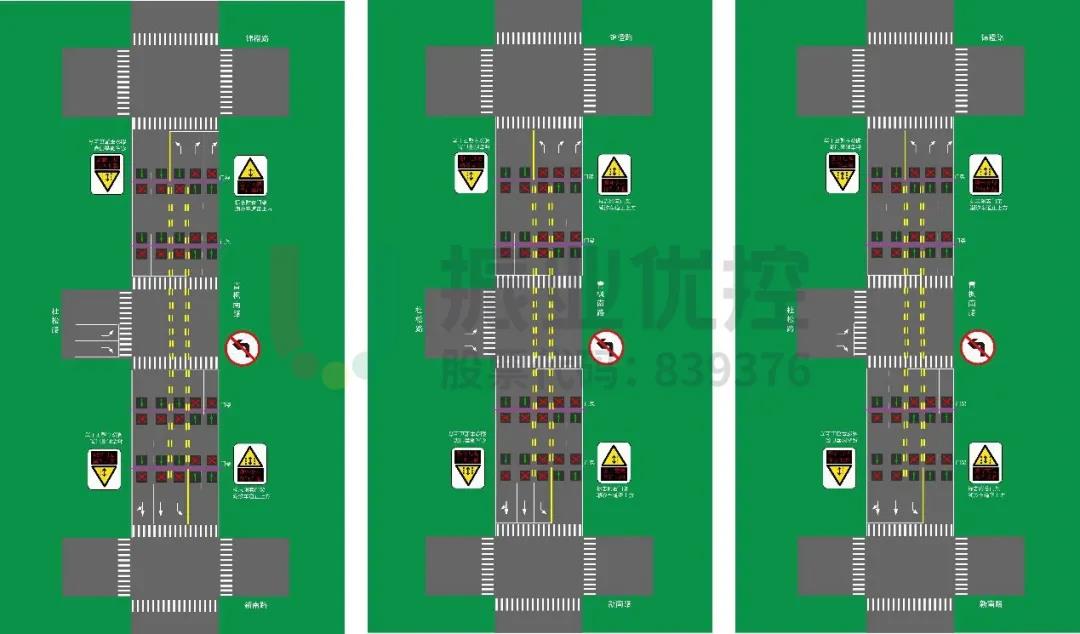 图5 左至右分别是潮汐车道下行、清空、上行方案