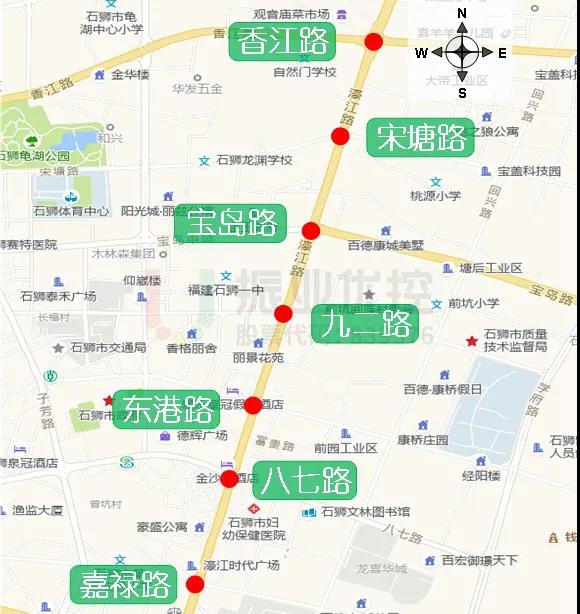 图1 濠江路协调路段各路口地理位置图（平峰时段）(单位：s)