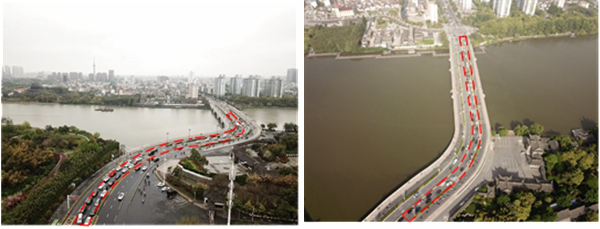 图3 迎春桥拥堵情况实景图（左：西往东、右：东往西）