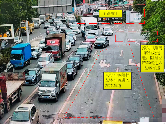 图4 主路施工,直行与掉头车辆阻挡左转车辆进入路口